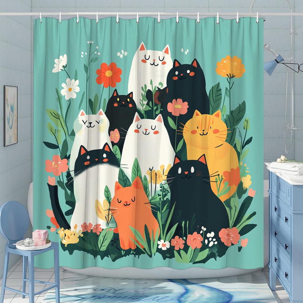 Colorful Cats and Flowers Shower Curtain - Water-Resistant, Easy to Clean, Adds a Fun and Whimsical Touch to Your Bathroom Decor