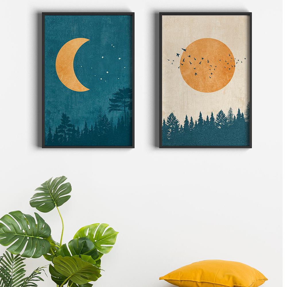 

Vintage Wall Art Forest Canvas Painting Bedroom Decor Abstract Boho Landscape Picture Moon Sun Poster and Print