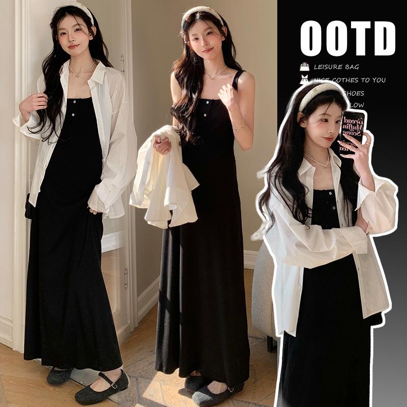 Spring 2026 Korean-Style Maternity Knit Vest & Shirt Two-Piece Dress Set M