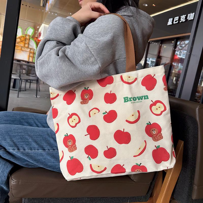 Cute genuine brown bear canvas bag women's new large-capacity zipper student shoulder bag tutoring bag