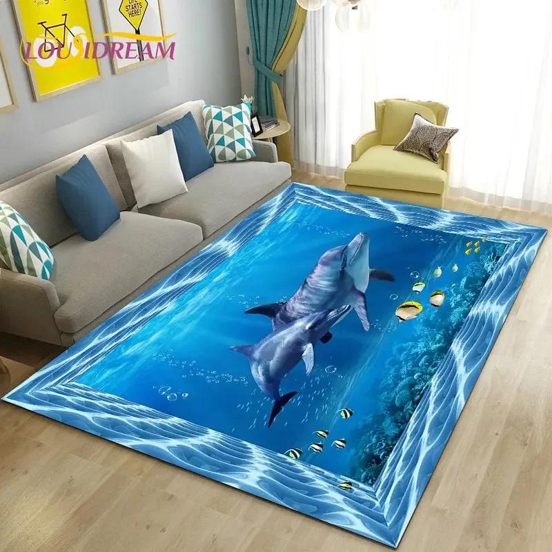 Seabed Illusion Underwater World  Dolphin Shark  Area Rug ,Carpet Rug for Living Room Bedroom Sofa Doormat Non-slip Floor Mat