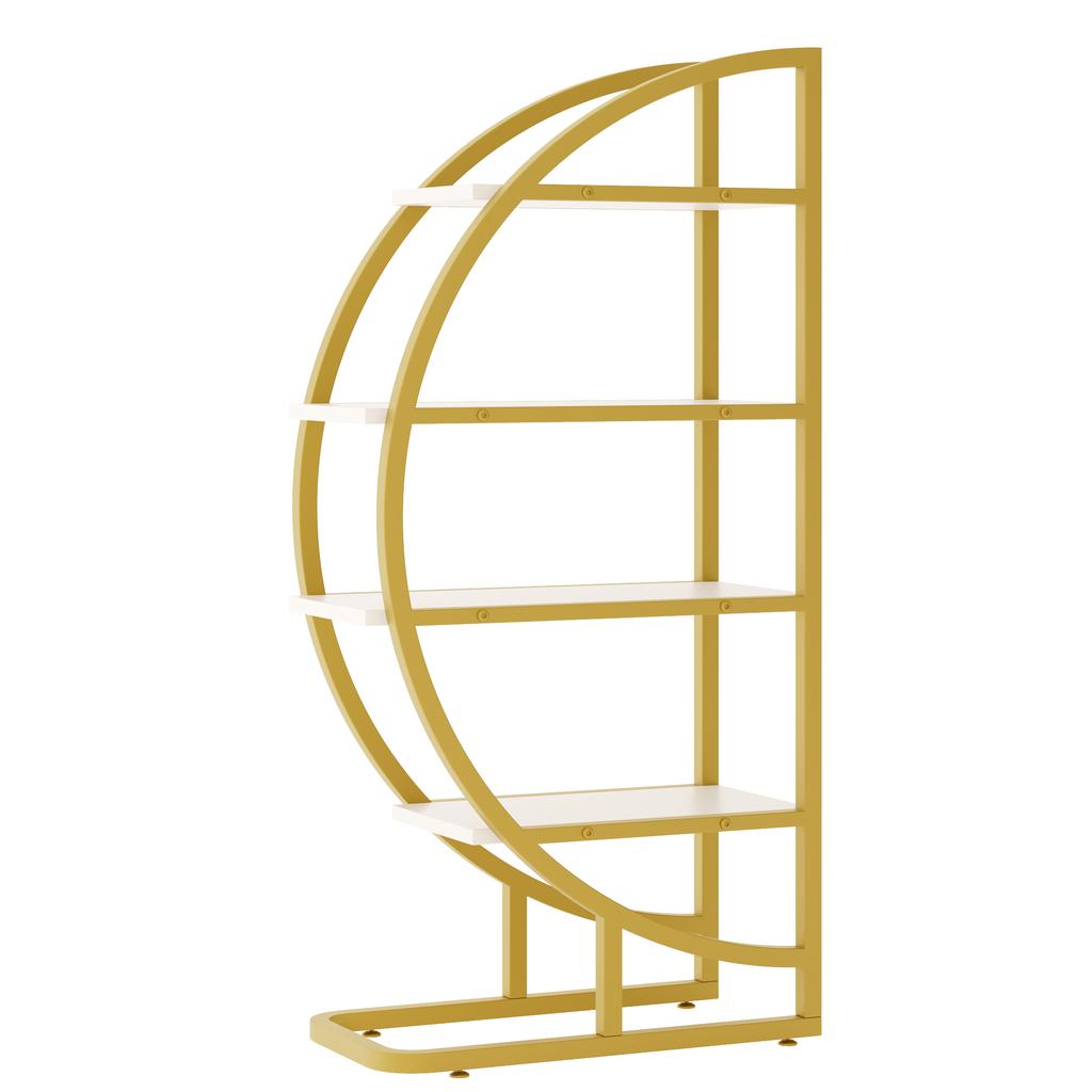120×30×130 Cm Round Arch Standing Shelf – 2-Piece Metal Bookshelf with Gold Frame & 4 White MDF Shelves, for Living Room, Kitchen & Decoration