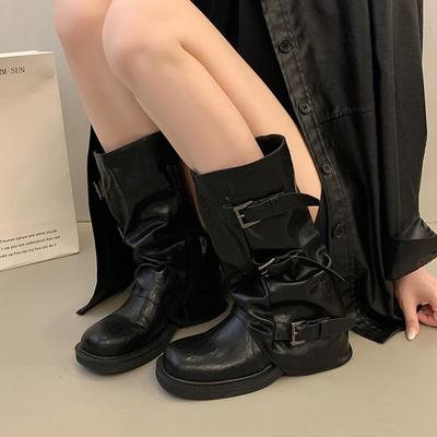 Neue Schuhe für Damen Mid-Calf Damenstiefel Plateau Moderne Stiefel Damen Gürtelschnalle Eckige Zehenpartie Seitenreißverschluss Eckige Absätze Schuhe Weiblich