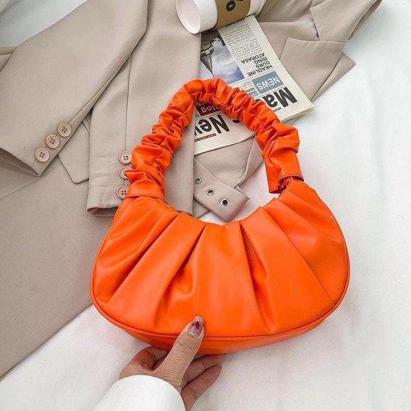 Fashion Pleated Handle Bags For Women Solid Color Cloud Bags PU Leather Shoulder Bags Armpit Bag Leisure Girls Small Tote Casual