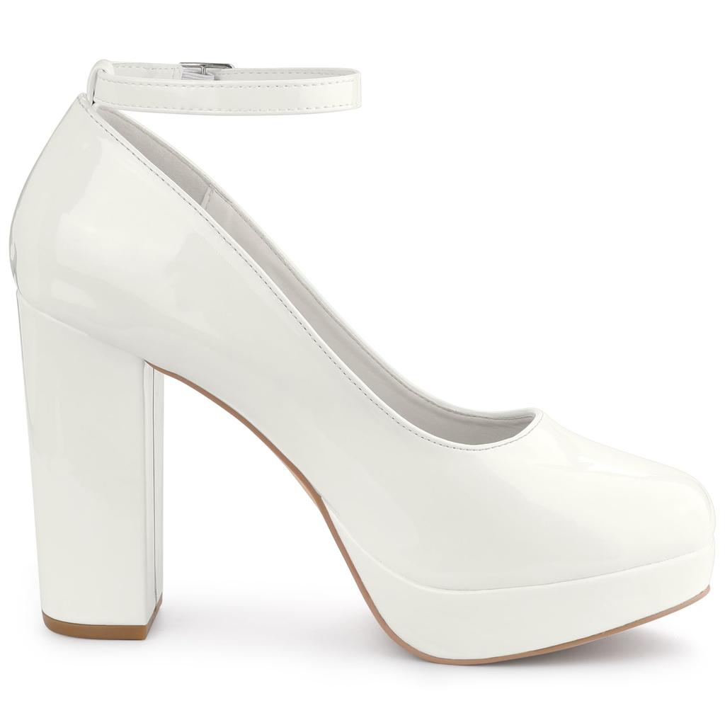 Allegra K Women's Platform Pumps with Ankle Straps, Chunky High Heels, White, Size 27.0cm