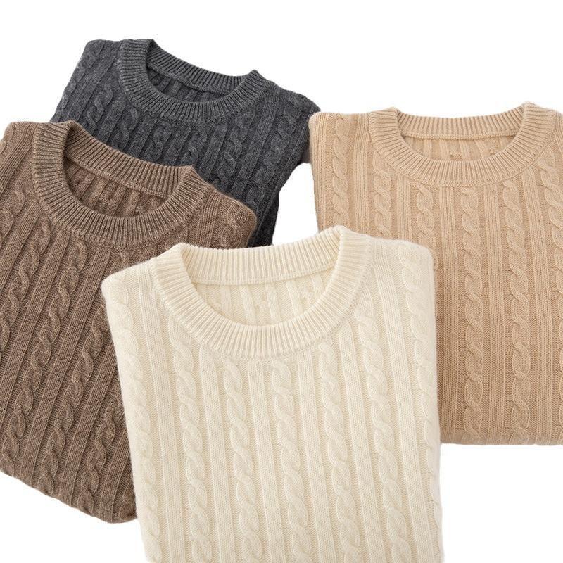 Women's Cashmere Cable Knit Sweater – Round Neck Pullover for Autumn/Winter, Simple and Versatile.