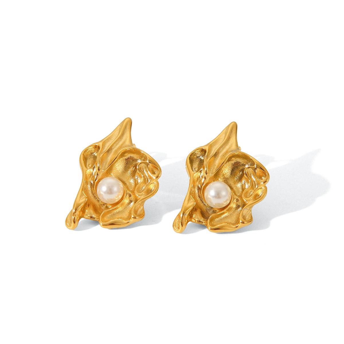 

Unique Trendy 18K Gold Stainless Steel Stud Earrings Crumpled Lava Flower Earrings Women s Fashion Pearl Jewelry