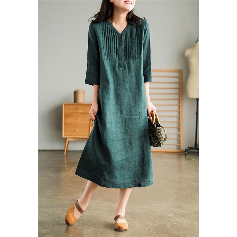 Langes Kleid Damen Baumwolle Große Größe Locker Sommer Retro Nähte Einfarbig V-Ausschnitt Kleid Knielang Dünn Großes Schwingendes Kleid