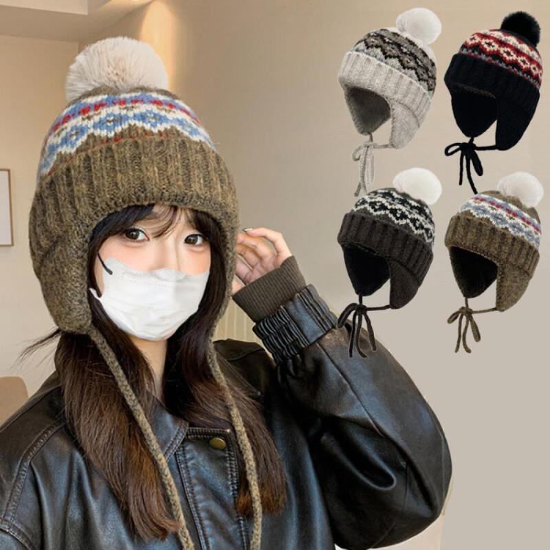 Dames Noordse Bontbal Riem Oorwarmers Wintermuts