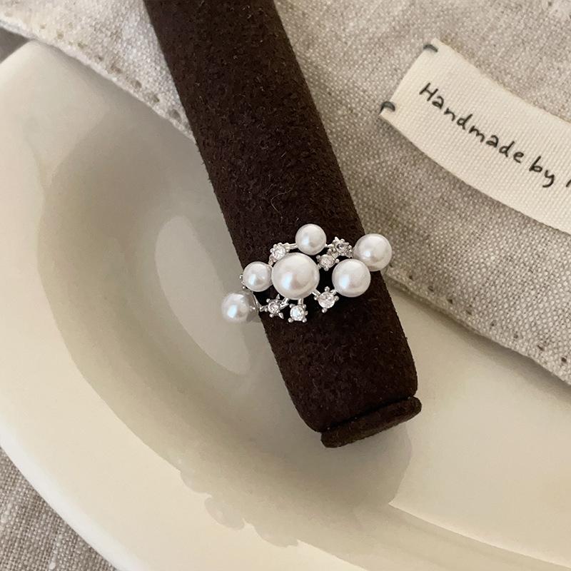 Zircon Pearl Metal Open Ring Women'S Niche Design Sense Personality Light Luxury Versatile Temperament Fashion Ring Ring