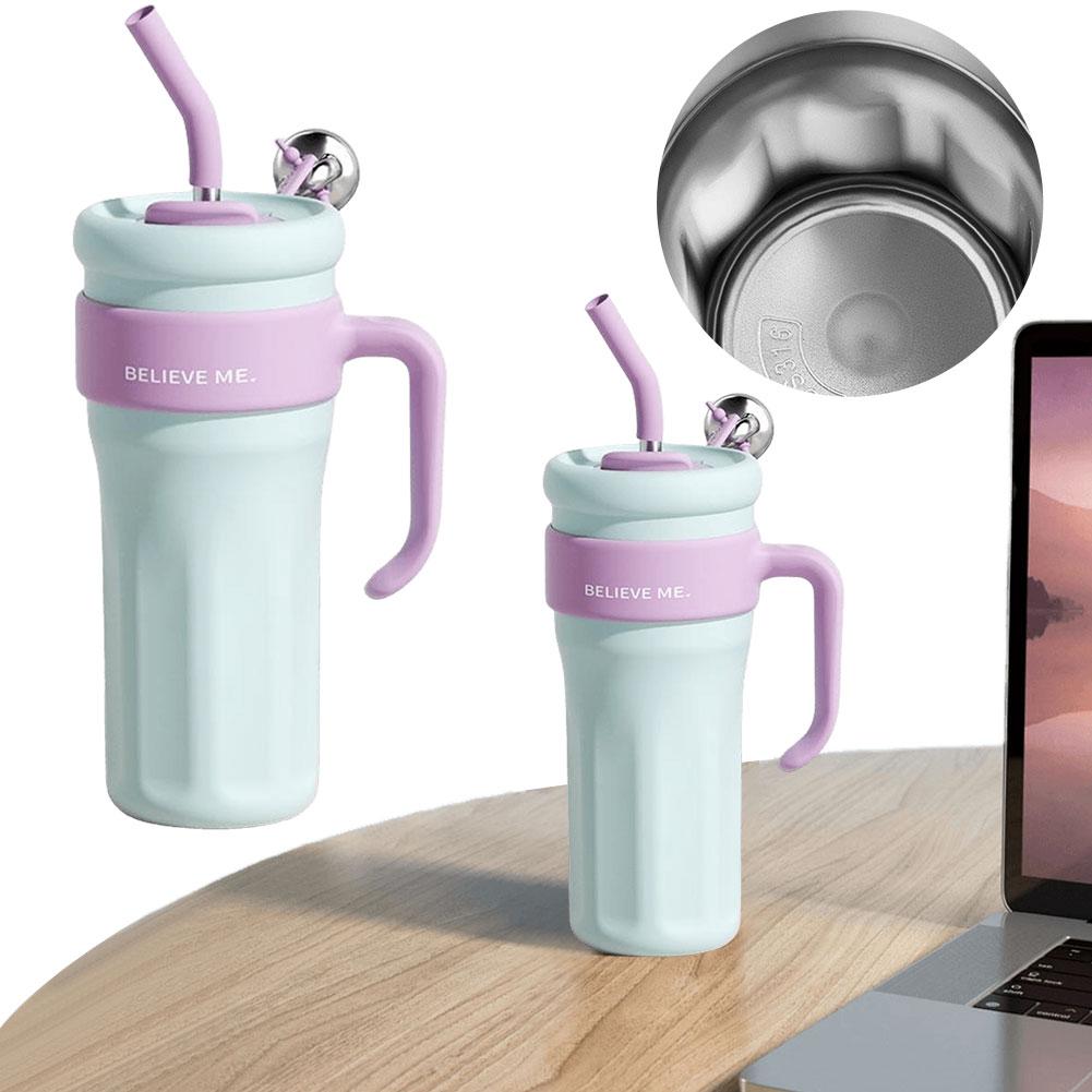 1.25L Insulated Mug Thermal Water Cup with Handle and Straw Cold Drink Bottle Stainless Steel Sports Bottle for Outdoor Sports
