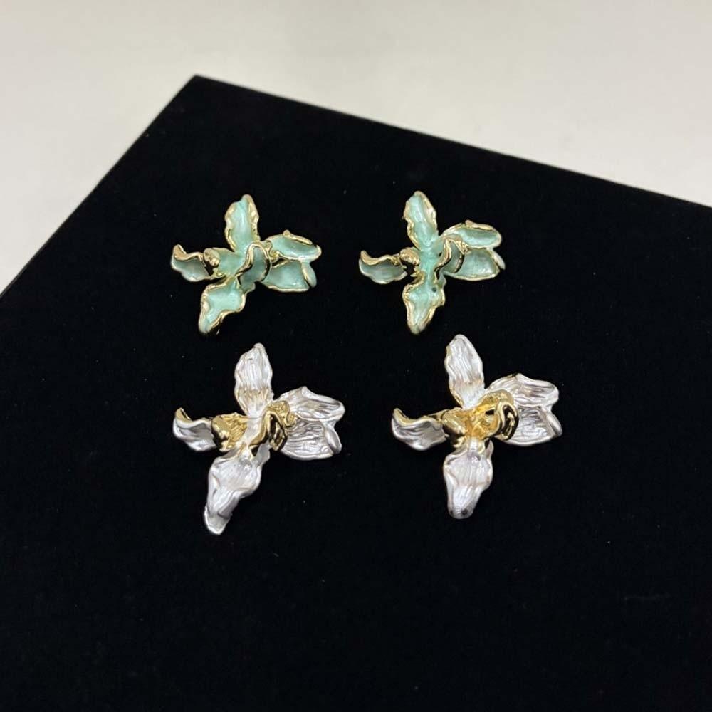 1 Pair Luxury Enamel Iris Earrings Zinc Zinc Alloy Metal Flower Ear Studs Golden and Silver Earrings  Bride
