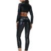 Erotic New Women's Sexy PU Faux Leather Two Piece Set Lace-Up Crop Top And Bandage Pants Birthday Night Club Outfit Matching Set