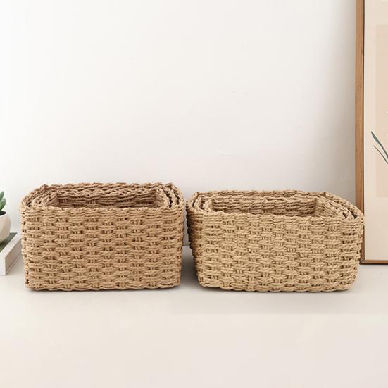 3Pcs Woven Storage Basket Natural Rattan Paper Rope Stackable Square Open Design for Kitchen Bedroom Living Room Bathroom Storage Organizers Home Tidy