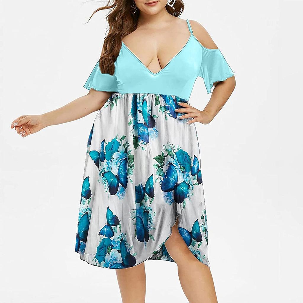 Women's High Waist Belly Concealing V-Neck Strapless Printed Plus Size Dress