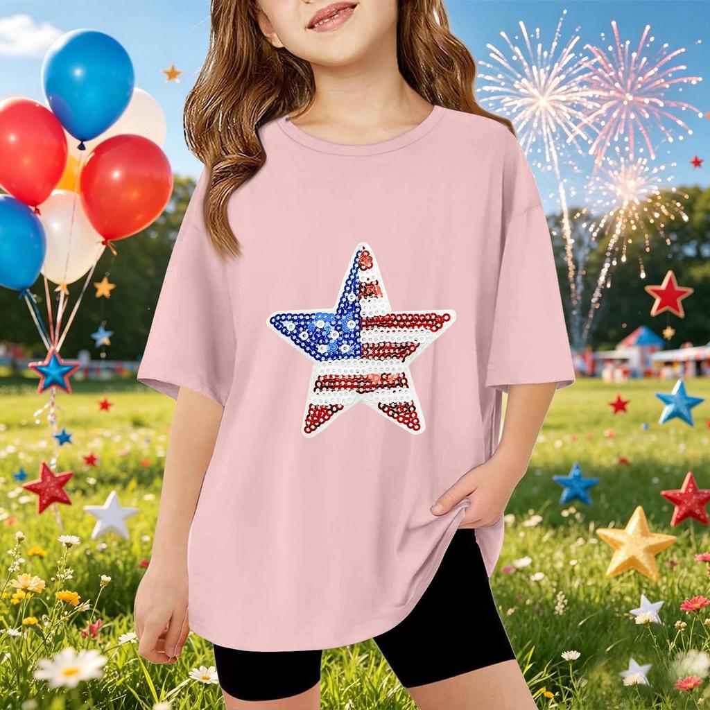 Kinder Kurzarm T-Shirt mit Sternenmuster Pailletten vorne Lässiges lockeres Oberteil für den Sommer Alltagsbekleidung