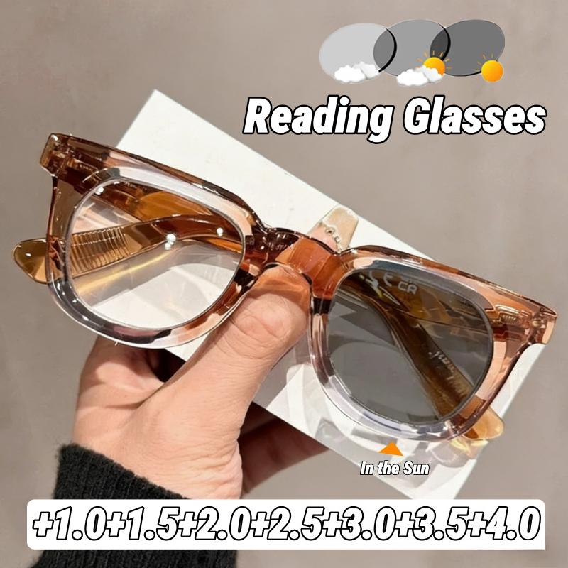 Women's Photochromic Presbyopia Glasses Stylish Square-Frame Blue Light Blocking HD Reading Glasses Versatile Trendy Eyewear