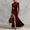 Abito Midi Bodycon Velluto Manica Lunga Collo Alto Spacco Laterale Vestibilità Aderente Festa Appuntamento Matrimonio 2026