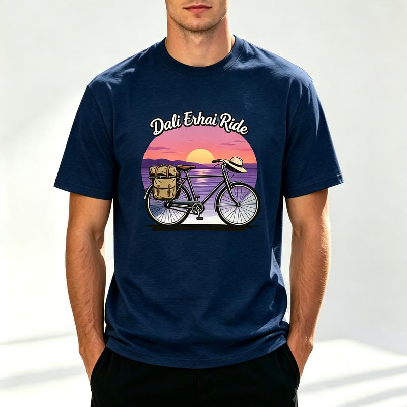 Dali Erhai Ride Sunset Bicycle Graphic Print T Shirt Unisex Unisex 100 Cotton Short Sleeve Casual Outdoor Cycling Travel Tee