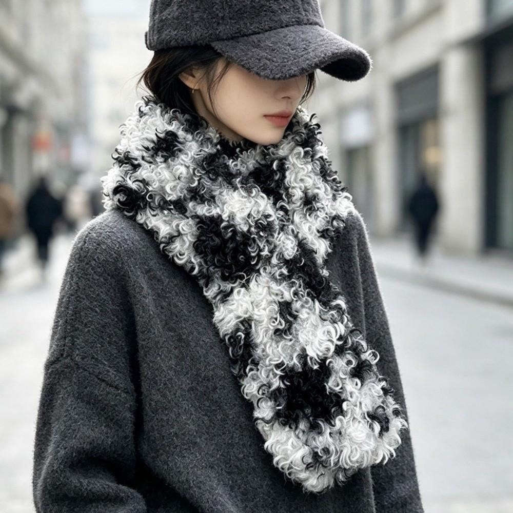 Thick Plush Faux Shearling Scarf Spotted Pattern Curly Fleece Collar Outdoor Shopping
