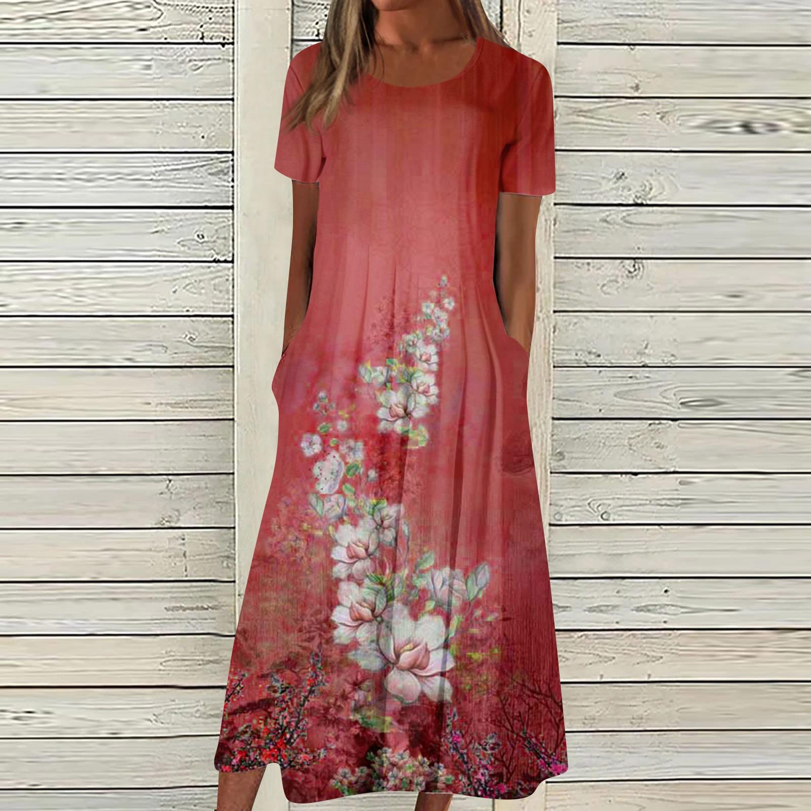 

Женское летнее повседневное модное платье с коротким рукавом и карманом с круглым вырезом XXXL красный