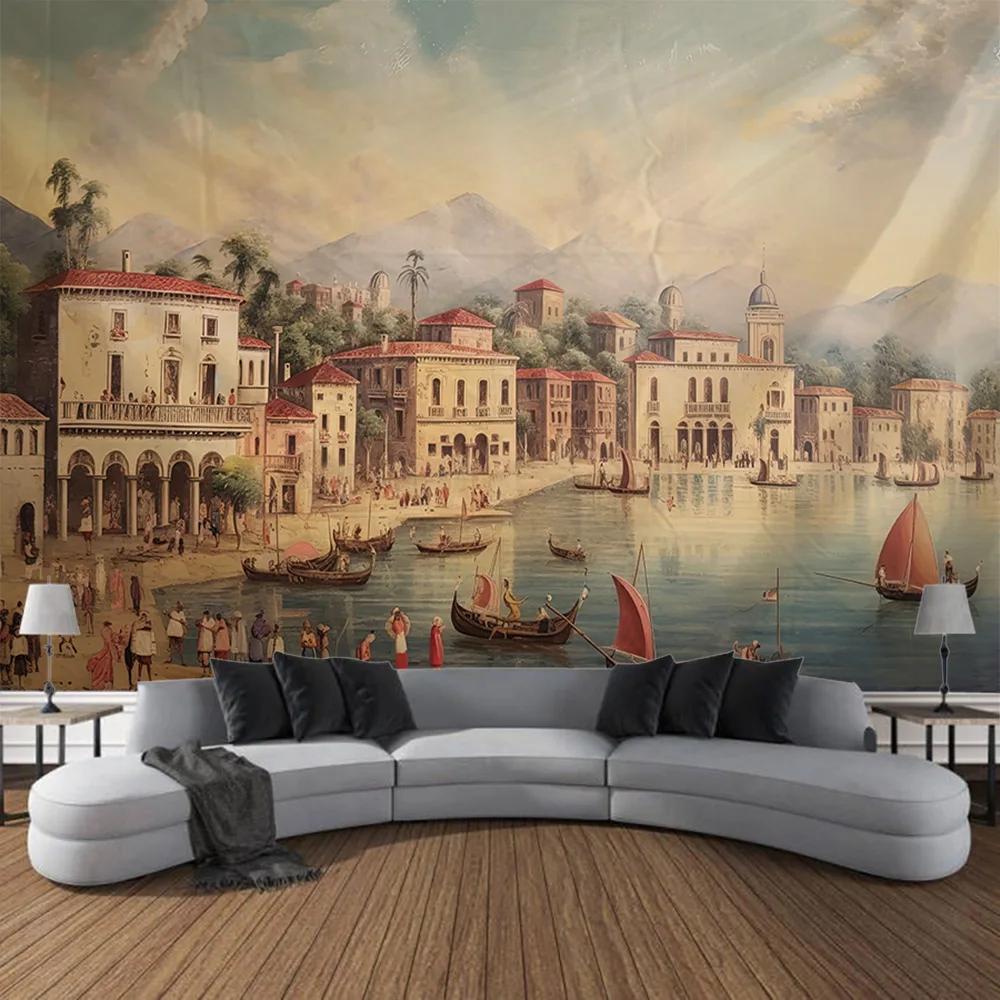 Vintage European Seaside Town Oil Painting Wall Tapestry Background Decor for Bedroom Dormitory Rural Home Gift