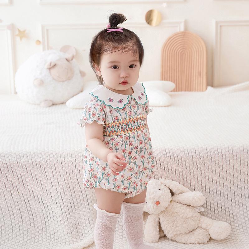 

2025 Summer Floral Print Newborn Cotton Romper - Short Sleeve, Snap Crotch Tag 90