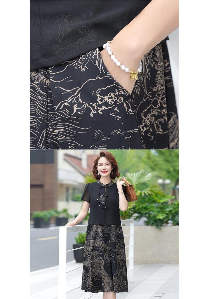 Stylish Chiffon Summer Dress for Middle-Aged & Elderly Women - Short Sleeve, Waist-Cinching Design