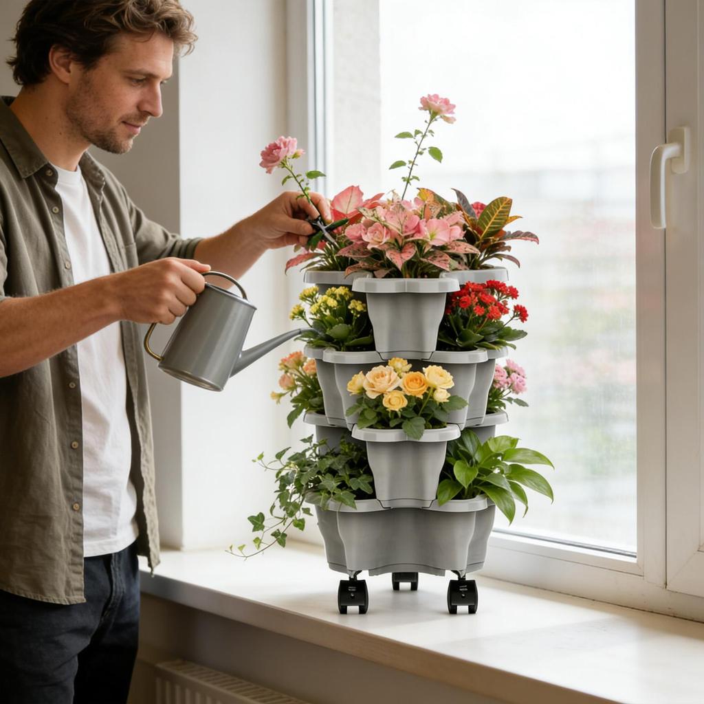 4/5 Stackable Vertical Flower Pot Multi-layer Garden Planter Tower with Movable Casters for Strawberry vegetable Frame Grow Plan