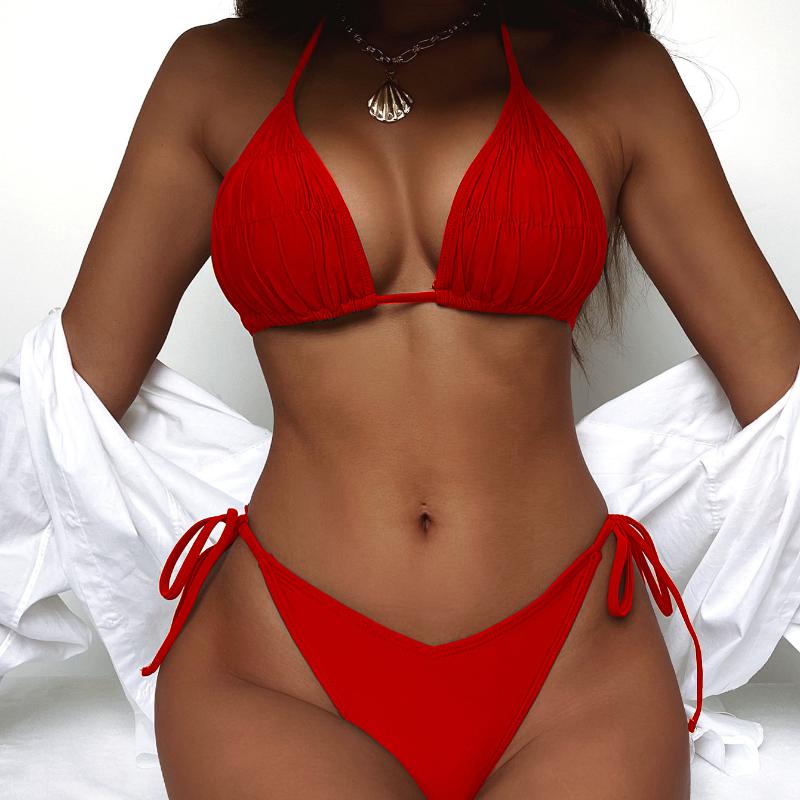 Women's Swimsuit Solid Color Sexy Halter Triangle Back Tie Bikini Set 5 Colour