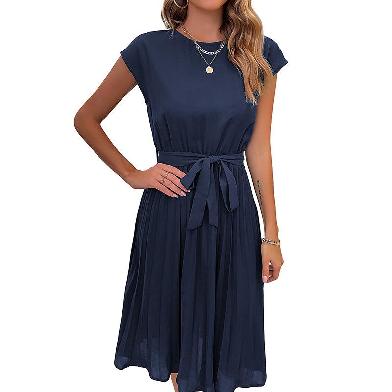 Popular European and American versatile simple medium skirt summer casual lace-up solid color pleated dress women