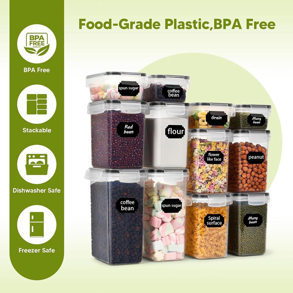 Clear Locking Lid Food Containers Stackable Kitchen Storage Set With Labels for Pantry Shelf Rice Cereal Snack Storage