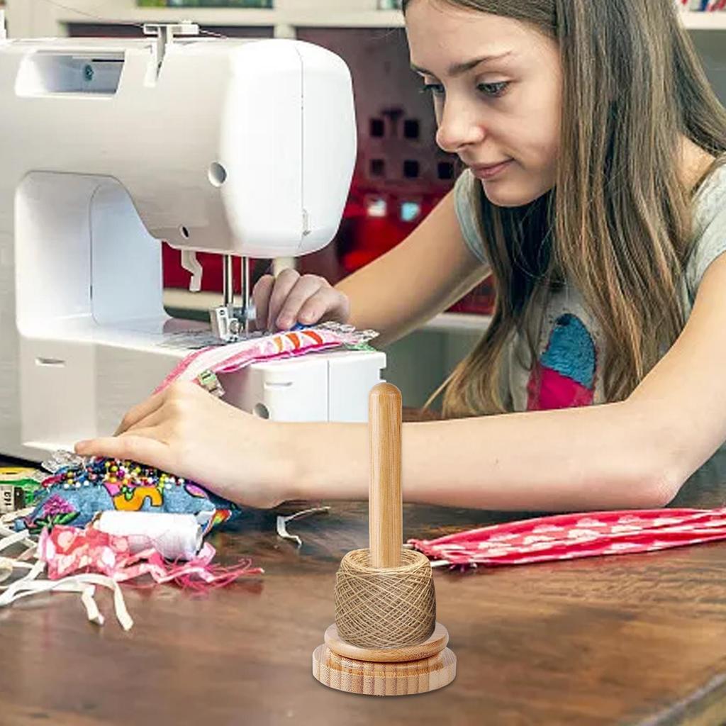 Handmade Wooden Yarn Holder Rotating Ball Thread Stand with Storage Base Desk Organizer for Knitting Crochet