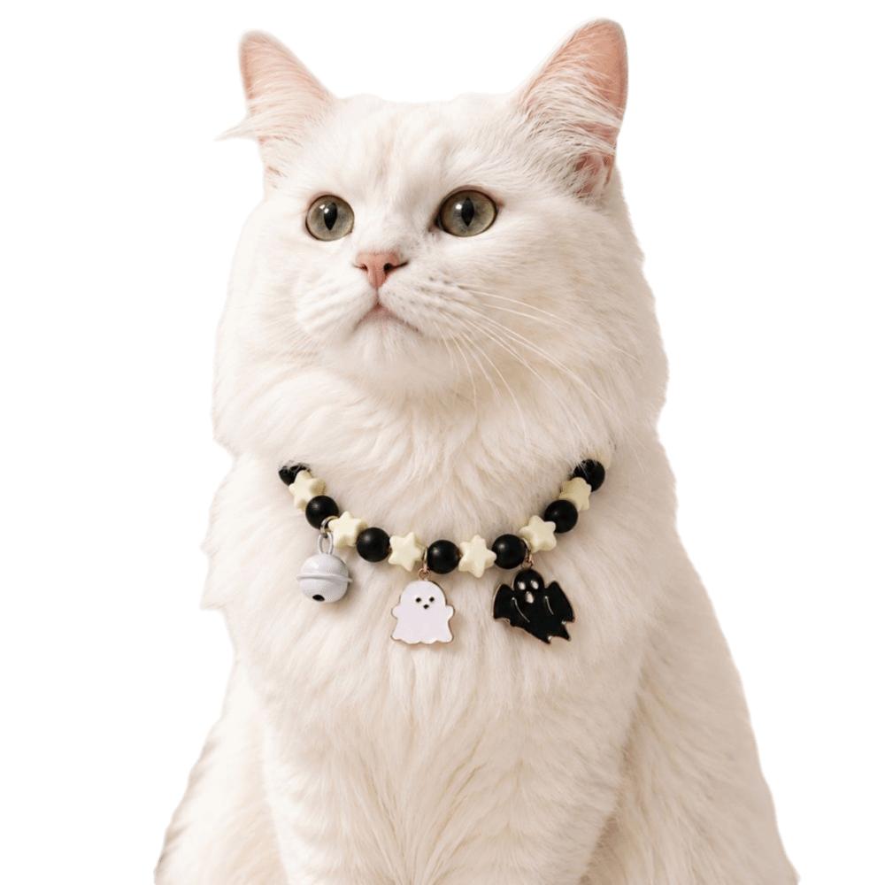 Elastic Halloween Cat Collar Ghost Pendant Kitten Collar Cute Ghost Beaded Necklace  Party Costume
