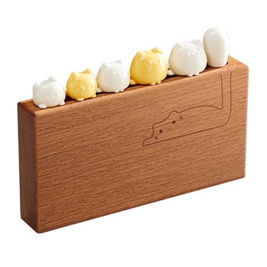 6Pcs Stainless Steel Fruit Forks Set with Wooden Storage Base Mini Dessert Appetizer Forks Cartoon Cat Fork Cute Table Decor for Home Party жёлтый