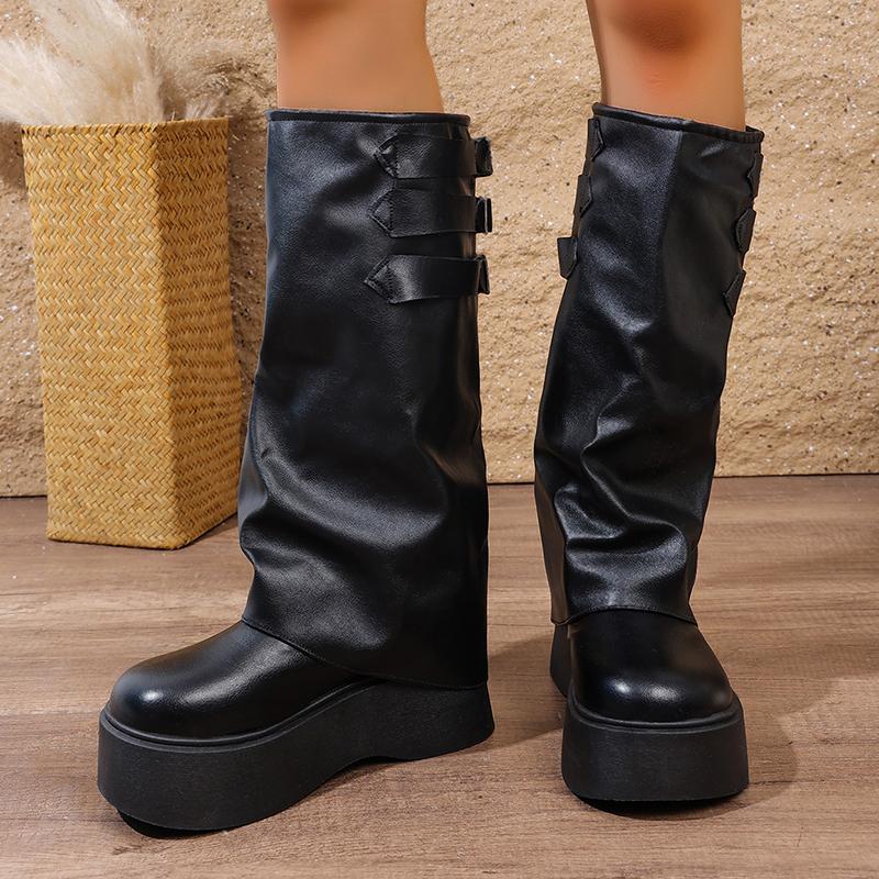 Fashion Women's Gothic Platform Knee High Boots Black PU Leather Chunky Long Boots Woman Punk Style Thick Bottom Winter Botas Mujer 2025
