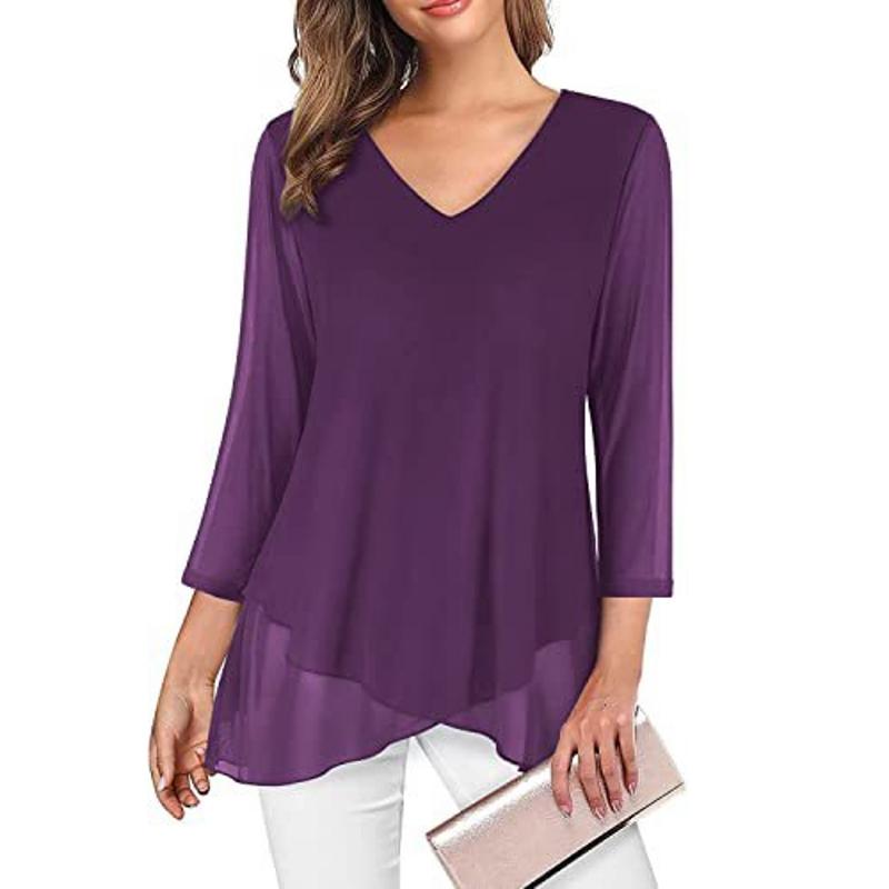 Summer New Seven Quarter Sleeve Casual Loose Shirts Women Asymmetrical V Neck Slim Print Elegant Blouse Women Fashion Lady Tops Plus Size Shirt 26490