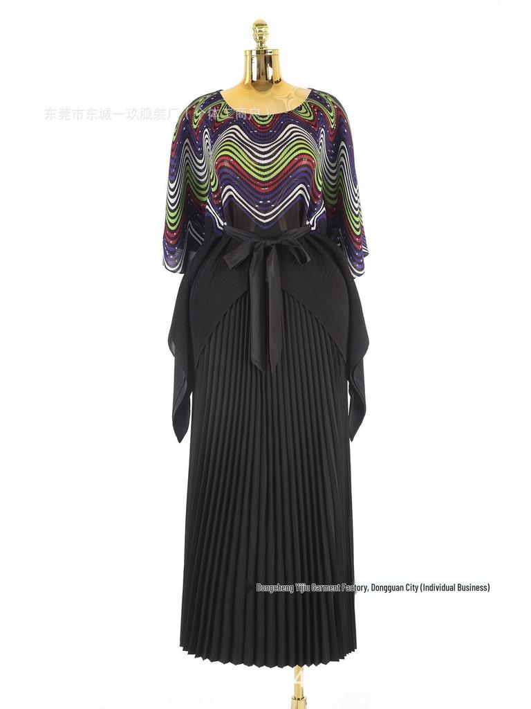 Miyake Summer Pleated African Patchwork Dress Set for Women - Plus Size Casual Middle Eastern Style