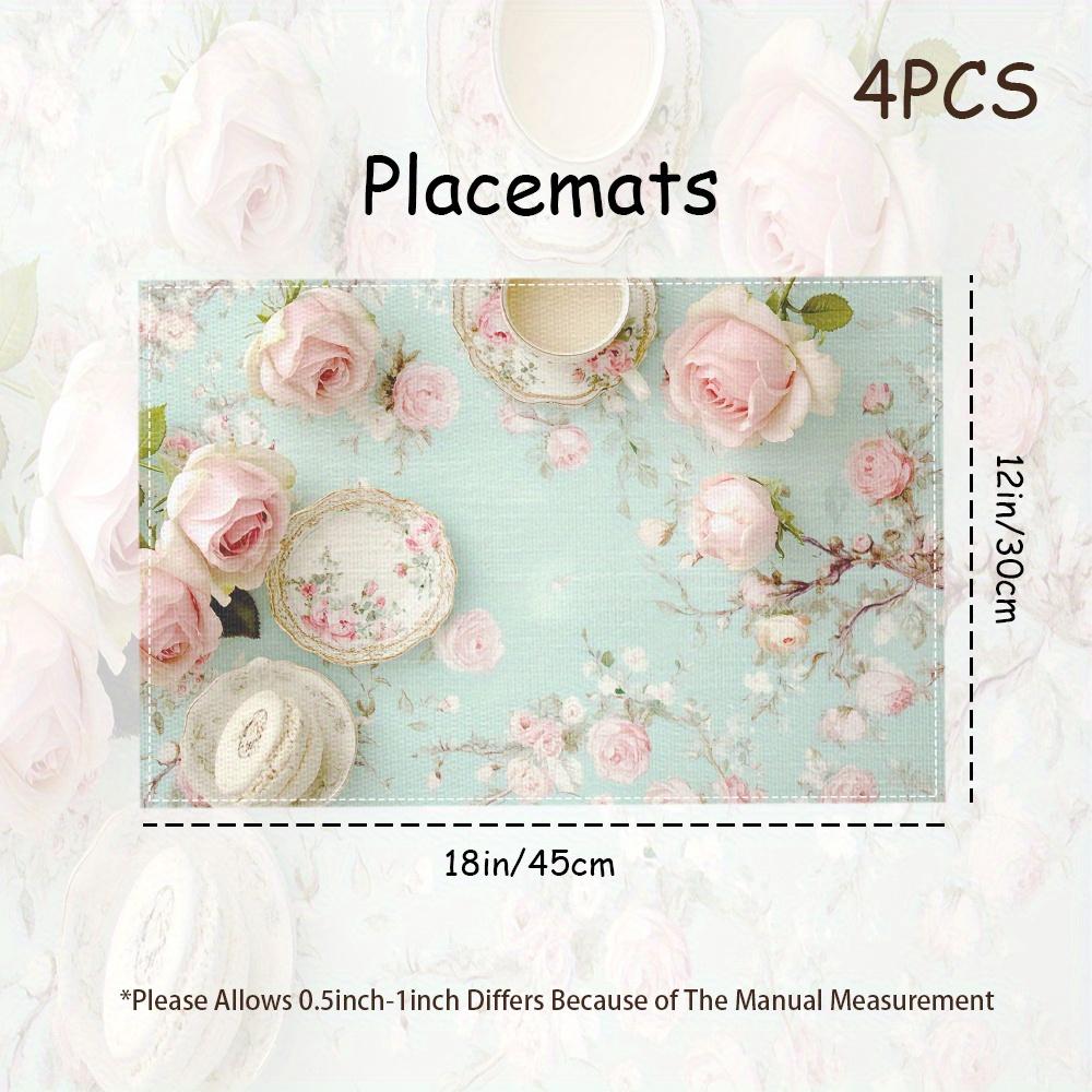 Set of 4 Pink Rose Tea Cup Placemats, Measuring 12X18 Inches, Suitable for Kitchen And Dining Room Decor, Home Decoration, Family Dinner Table