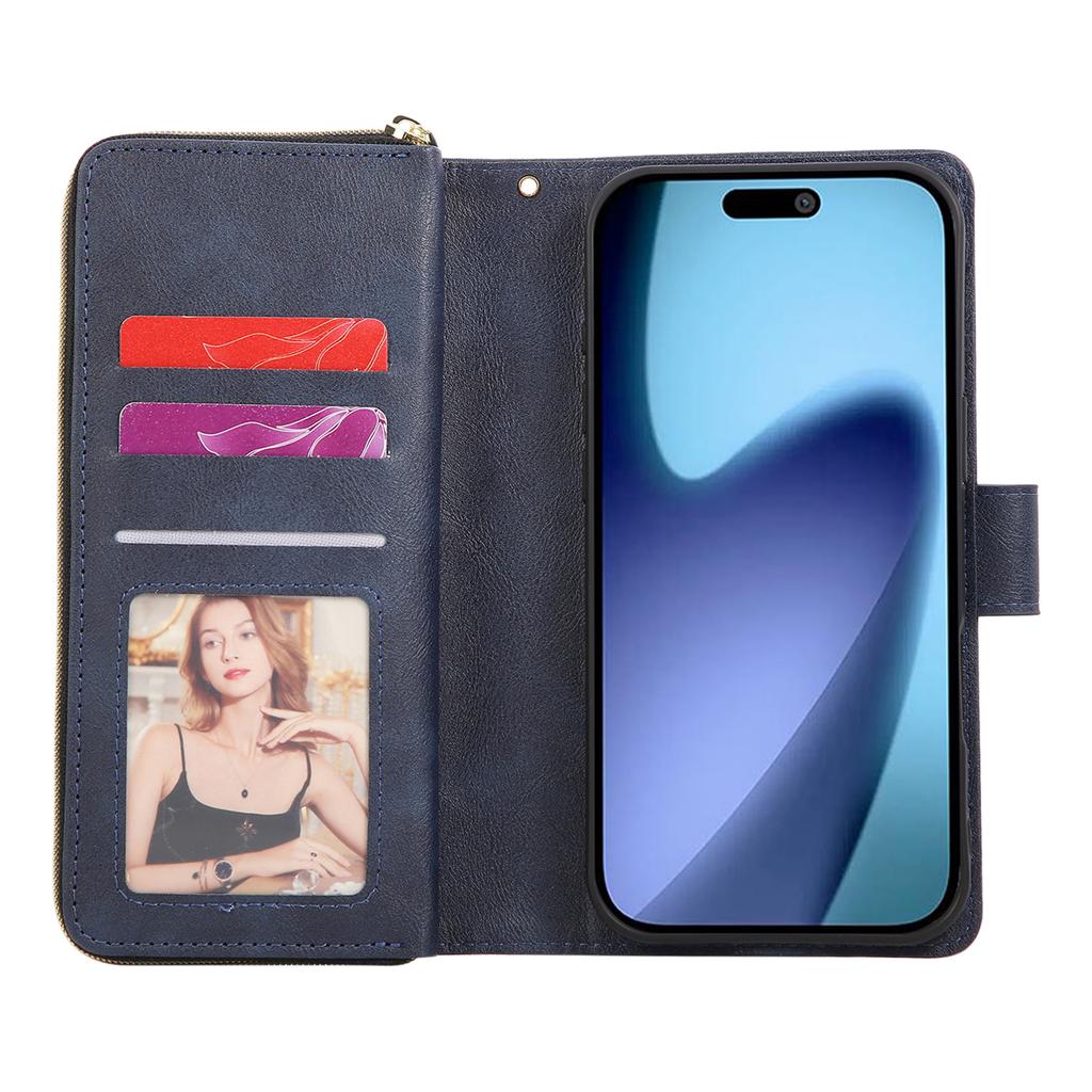 For iPhone 17 Pro Max Case Zipper Pocket 9 Card Slots PU Leather Phone Cover with Hand Strap