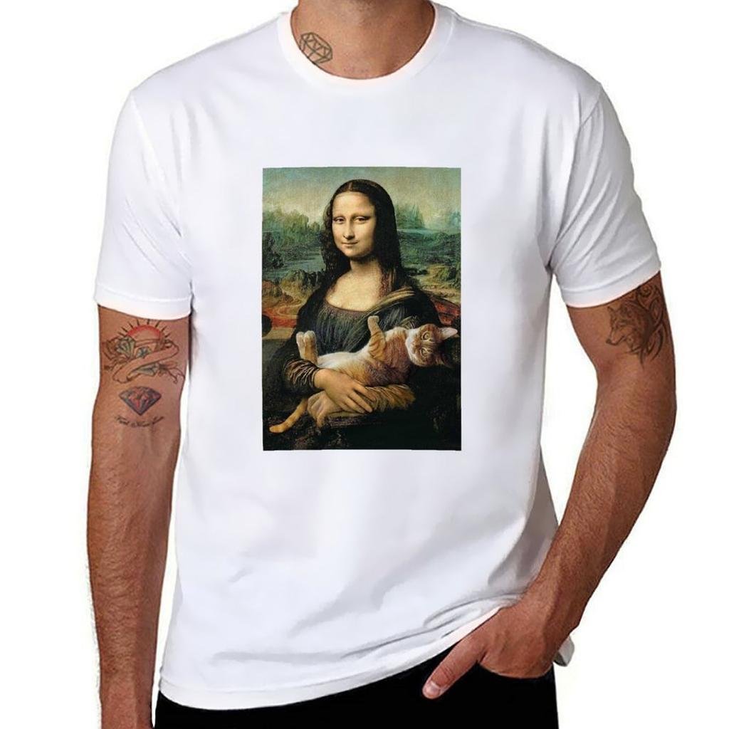 Mona Lisa Holding A Cat Tshirt Plus Size Summer Short Sleeve Tshirt