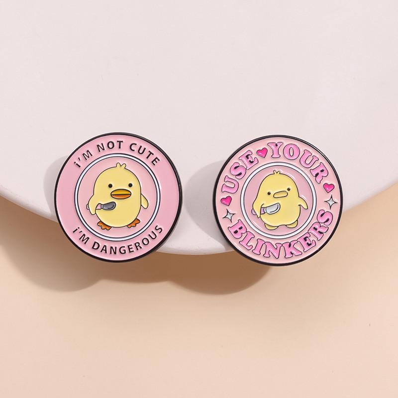 Charming Round Yellow Duck Cartoon Brooch With Artistic Pink Lettering For Occasion Every