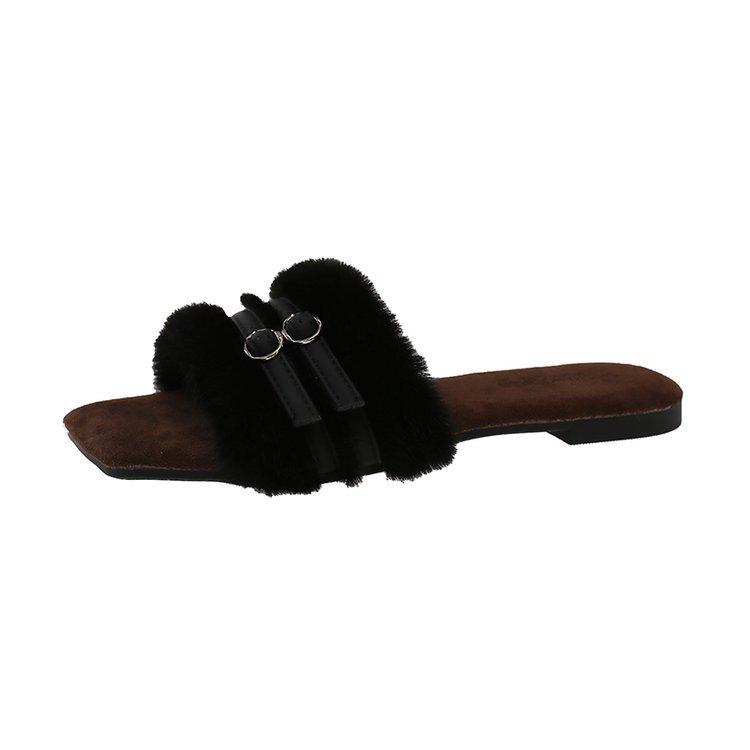 [Youshilai] New one-word fluffy slippers women's 2025 autumn and winter wear versatile temperament fairy wind cotton slippers