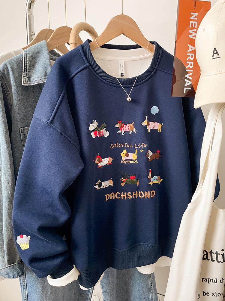 Damen Besticktes Graues Sweatshirt, Herbst/Winter 2025, Locker Geschnitten Übergröße, Petite Oberbekleidung Top