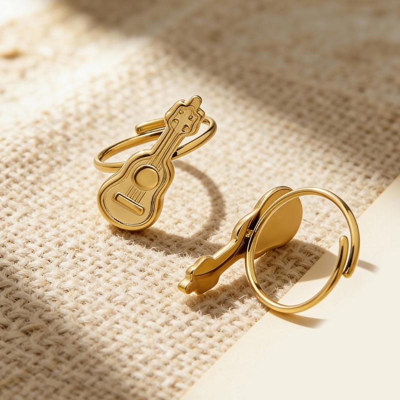 Stainless Steel Adjustable Wedding Rings Dating Rings Guitar Shape Delicate Finger Jewelry for Woman and Man Present