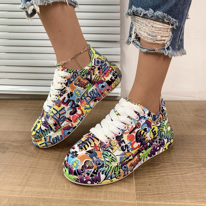 Women's Casual Sneakers Painted Graffiti Lace Up Shoes for Women Flats Pu Thick Bottom Female Sneakers Zapatos De Mujer Ofertas