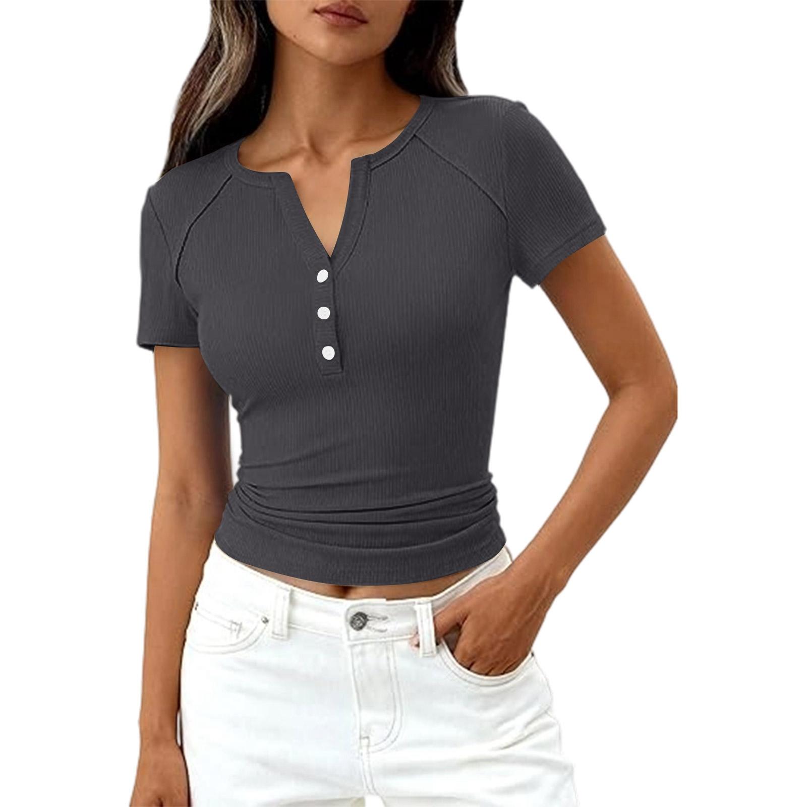 

Women s Fashion Casual Color New Short-Sleeved Decorative Button V-Neck T-Shirt Top XXXL