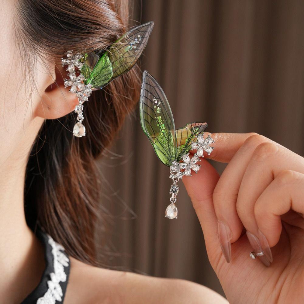 Sweet Exquisite Green Elf Ear Clip Shiny Transparent Butterfly Earrings Translucent Rhinestone Wings Ear Clip Ladies