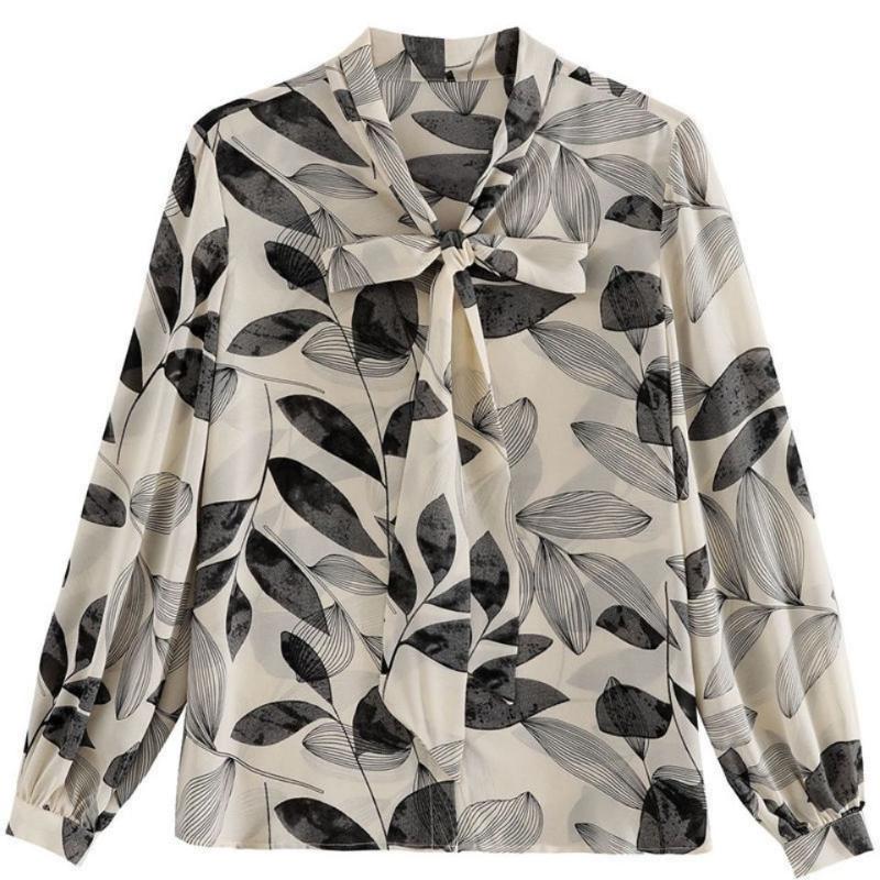 

Весенне-осенняя женская рубашка с принтом, рубашка с бантом, шифоновая рубашка с длинным рукавом, женская рубашка 2XL