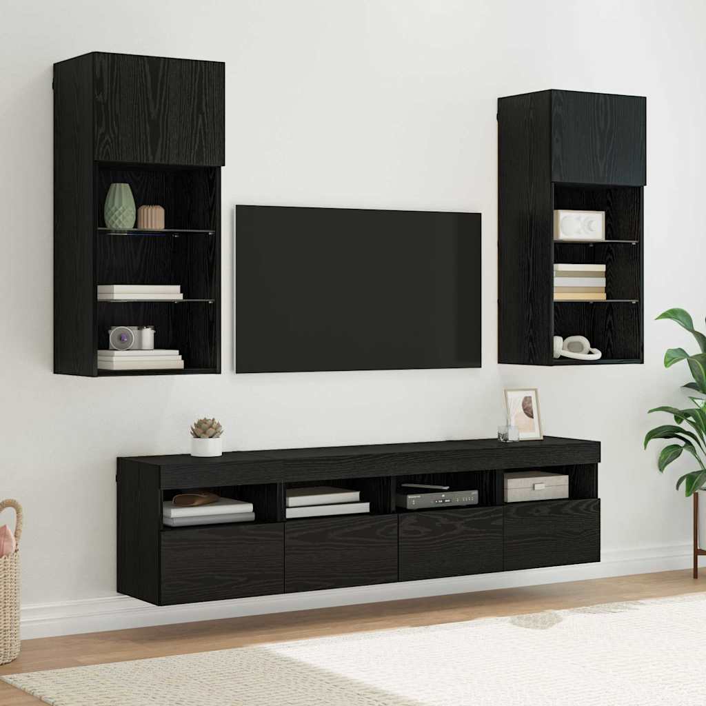 Wall Mounted TV Unit with LED Lighting 5 Pcs Black Oak Effect